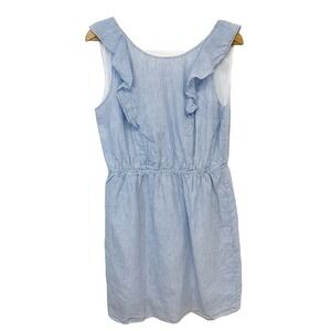 J Crew Dress 10 Linen Cotton Blue Pinstripe Ruffles Above Knee Lined‎ Coastal